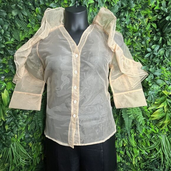 Hesperus Tops Women Medium Beige Khaki Blouse Button Front Ruffle Sheer 0168 - Picture 2 of 6